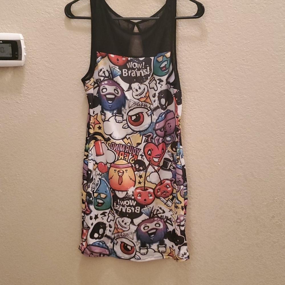 Cartoon Graffiti Print Bodycon Mini Dress Black Mesh Top Size L Fun Y2K
